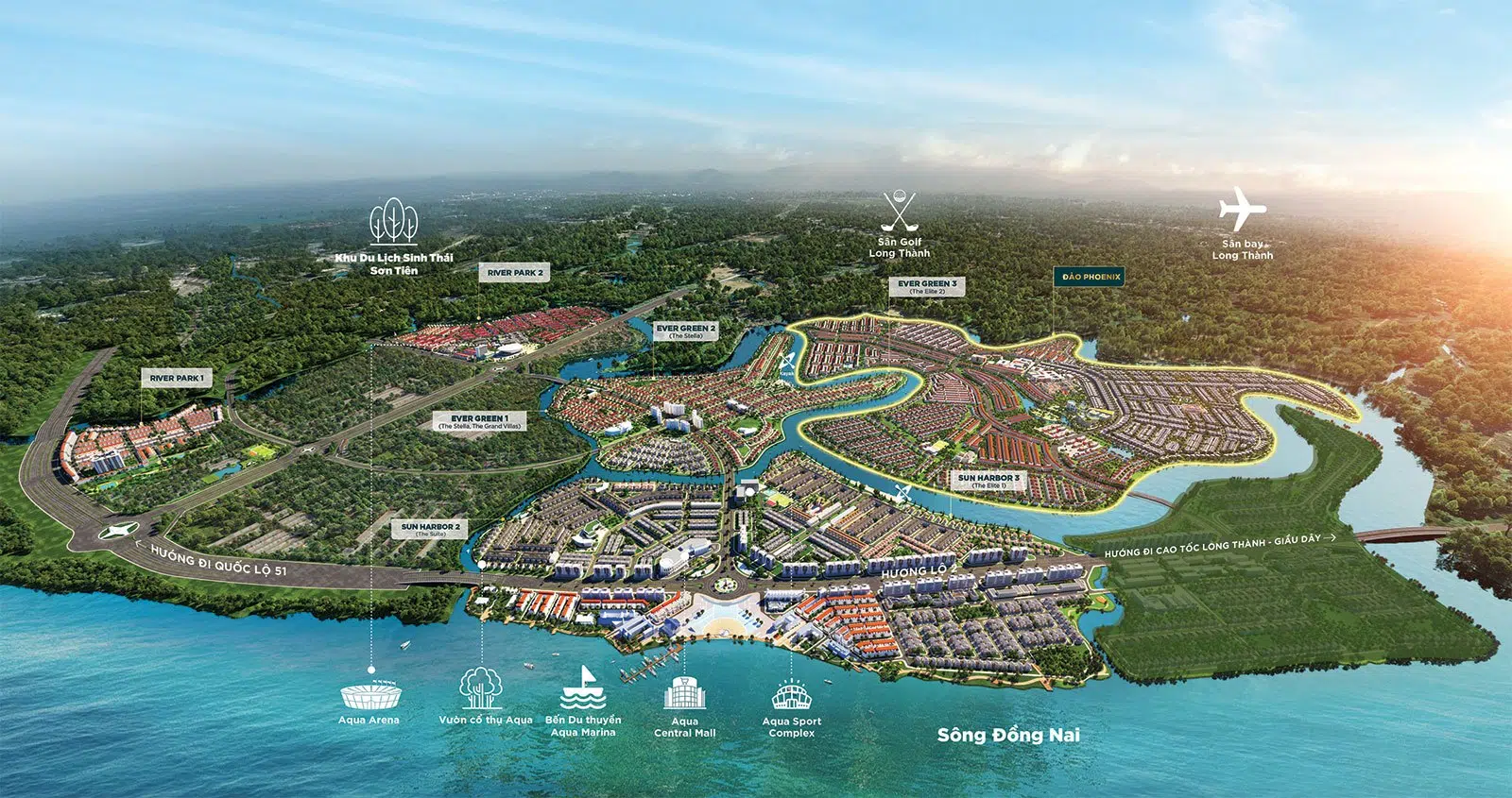 Phân Khu Aqua City Phoenix South Dự án The Phoenix South có quy mô rộng hơn 286 ha với 4 phân khu chính, hội tụ đầy đủ những giá trị sống đẳng cấp cho một khu đô thị sinh thái chuẩn mực. Dự án thừa hưởng các yếu tố sinh thái tự nhiên khi toàn dự án được bao quanh bởi hệ sinh thái sông và kênh đào tự nhiên bao quanh, mở ra không gian sống trong lành, yên tĩnh, tiện nghi, nơi con người và thiên nhiên giao hòa trong từng phút, nơi tiện ích sẵn có trong từng bước chân.